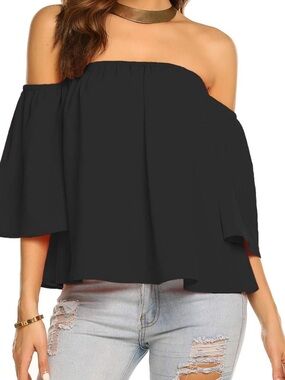 Off-Shoulder Black Blouse with Flared Sleeves